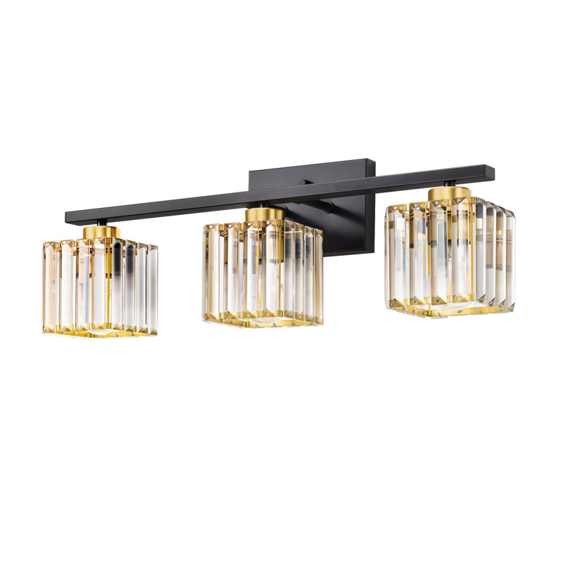 Éclairage pour meuble-lavabo à intensité variable 24 po / 3 lumières noires / dorées 24 po avec abat-jour en cristal, Doré