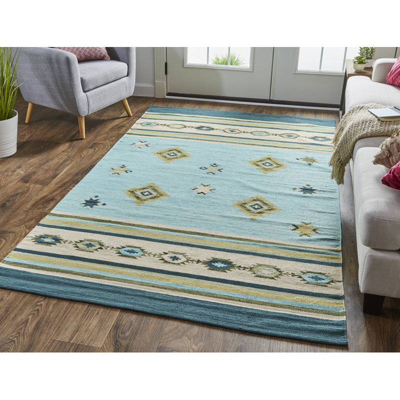 Tapis bleu turquoise / jaune fait à la main Grassingt, Rectangle 8 pi x 10 pi