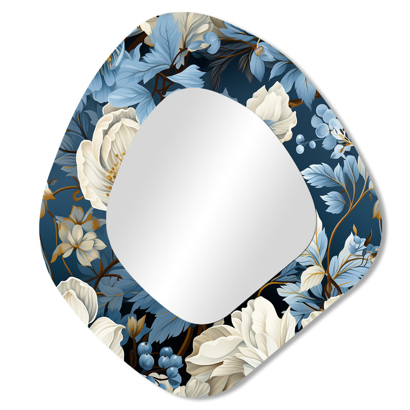 Arctic Blue And White Botanical Pattern III - Floral Asymmetrical Mirror, Blue Freeform Unique Wall Mirror, Printed Metal Art