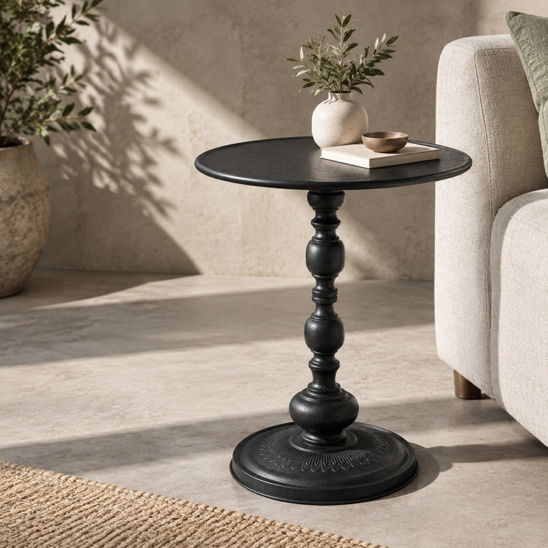 Table de bout noire en métal de style rétro avec table d'appoint ronde pour le chevet et le salon