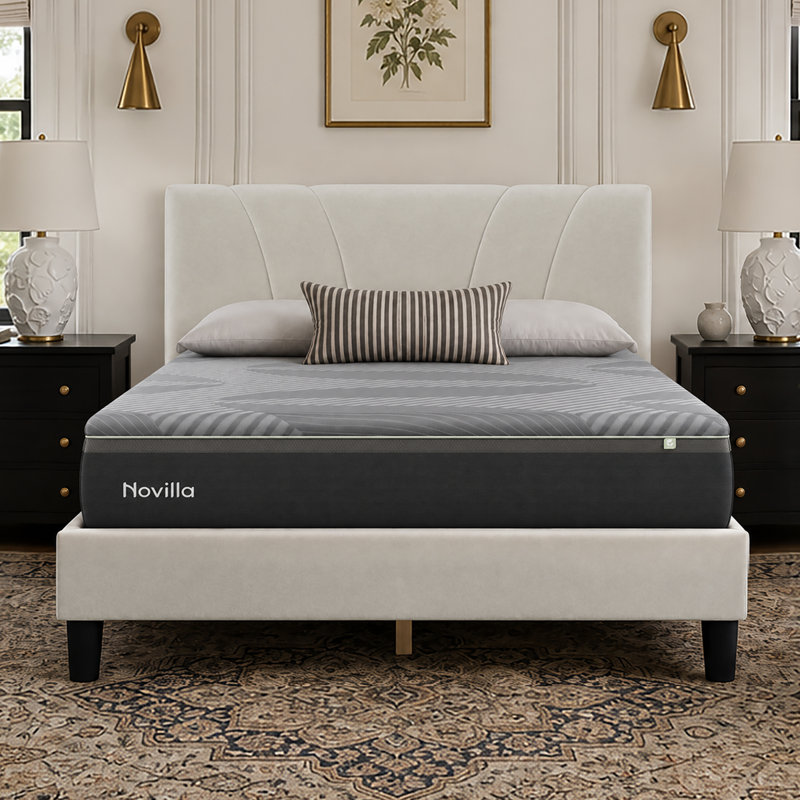 Ensemble lit plateforme rembourré et matelas, matelas en mousse mémoire et gel de 30 cm, Très grand lit, Blanc