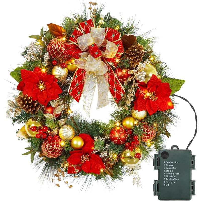 Couronne de Noël lumineuse de 30 pouces avec lumières DEL à piles et décor rouge doré pour la porte d'entrée