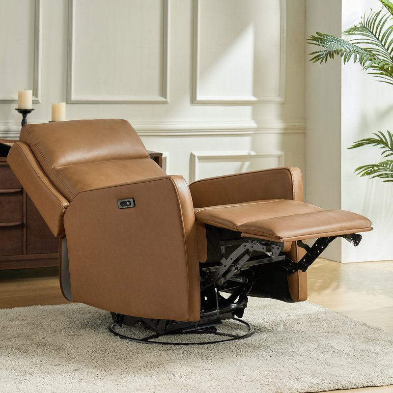Nurbanu 29.5"W Transitional Genuine Leather Swivel Rocker Power Recliner with USB Ports, Camel