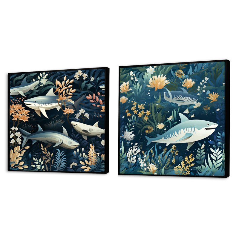 Bleu et blanc Shark Shadows - ensemble de 2 carrés de requins animaux, Cadre flottant noir, H 16 po x l 33 po