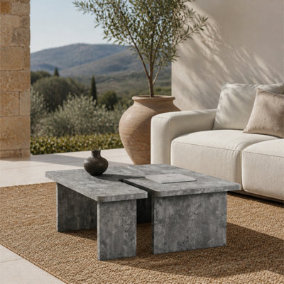 Modular Concrete Coffee Table Set of 2, Nesting L-Shaped Puzzle Center Table, Faux Stone Look Square or Rectangular Cocktail Table with Slab Legs for Modern Industrial Living Room, Slate Gray