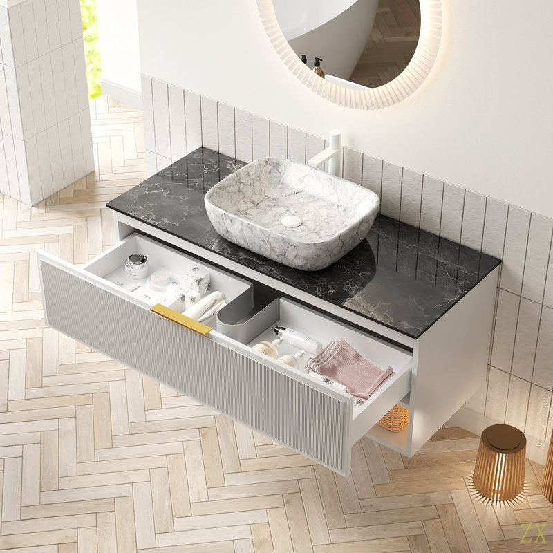 Meuble-lavabo de 48 po avec lavabo, armoire de rangement en contreplaqué flottant, 2 tiroirs et tablette à fines rayures, capteur de lumière, vasque en céramique à motif marbré, plateau en pierre Sinte, pré-assemblé