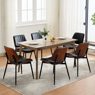 Ensemble de 6 chaises de salle à manger modernes Mid-Century - Revêtement en similicuir rétro, dossier en bois de noyer courbé, pieds en métal avec pieds réglables