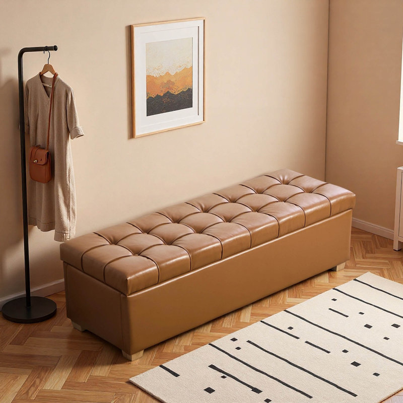 Banc de rangement rembourré en polyuréthane 60,2 po avec dessus capitonné, Brown