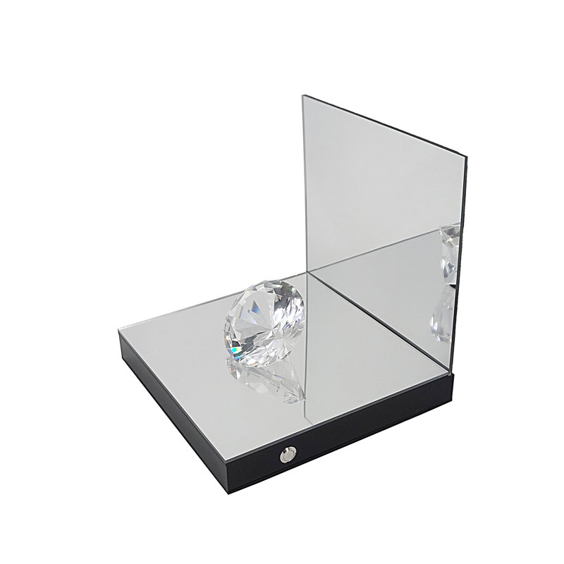 Large 3 1/4" (8cm) Polished Faceted Glass Diamond on LED Lighted Mirror Riser Display Platform