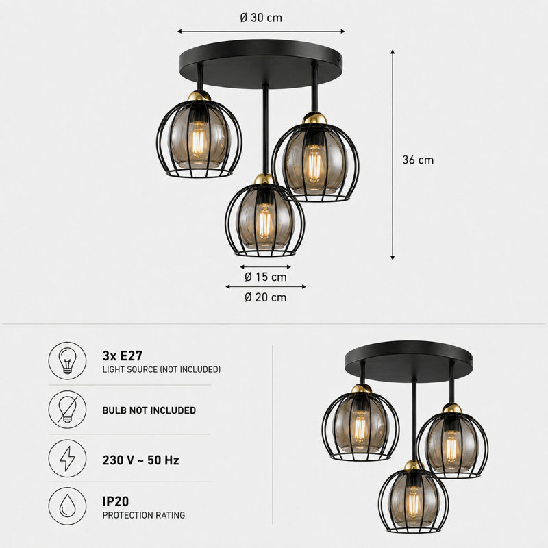 Glass Semi Flush Mount, Matt Black/Gold, 40cm W x 40cm D, 3 Lights