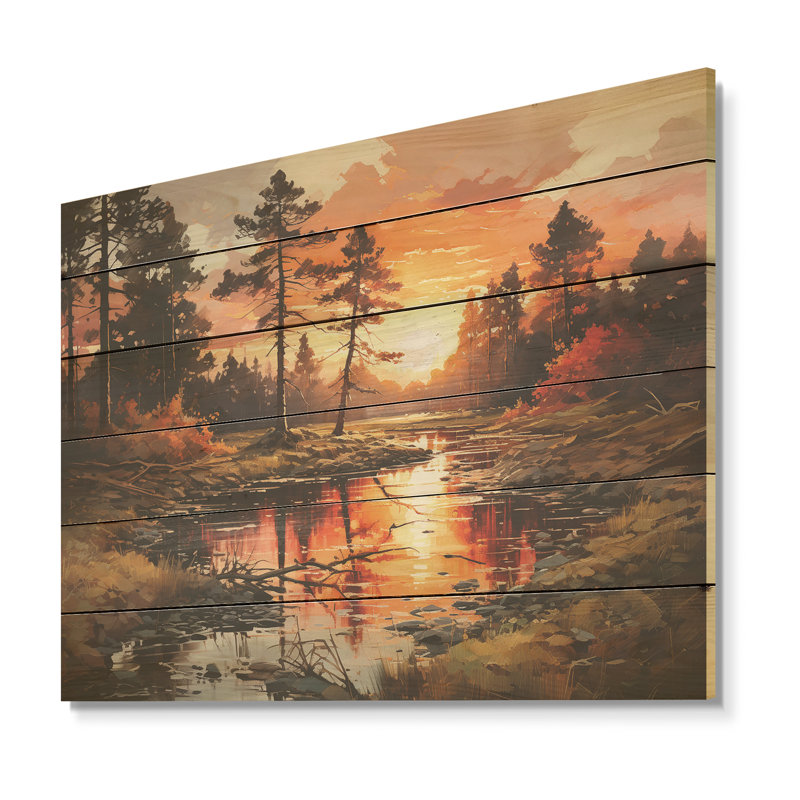 Rivière, rivière, forêt, lever de soleil I - forêt, art mural sur bois de pin naturel, H 10 po x l 20 po