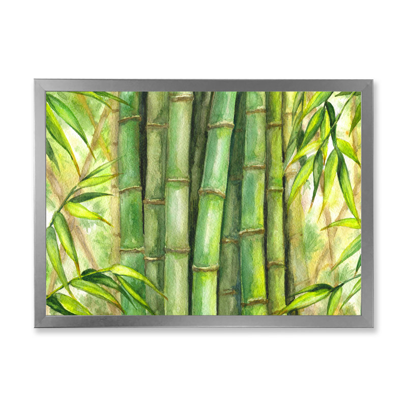 Tiges de bambou vert vif - peinture sur toile, H 12 po x l 20 po x p 1 po, Cadre photo argenté