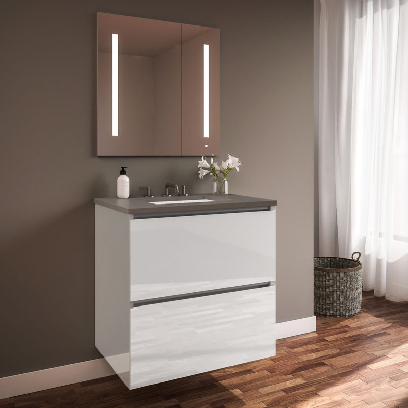 Ensemble de meuble-lavabo double cartésien Curated, Miroir gris, Silestone Lyra, 25 po de largeur