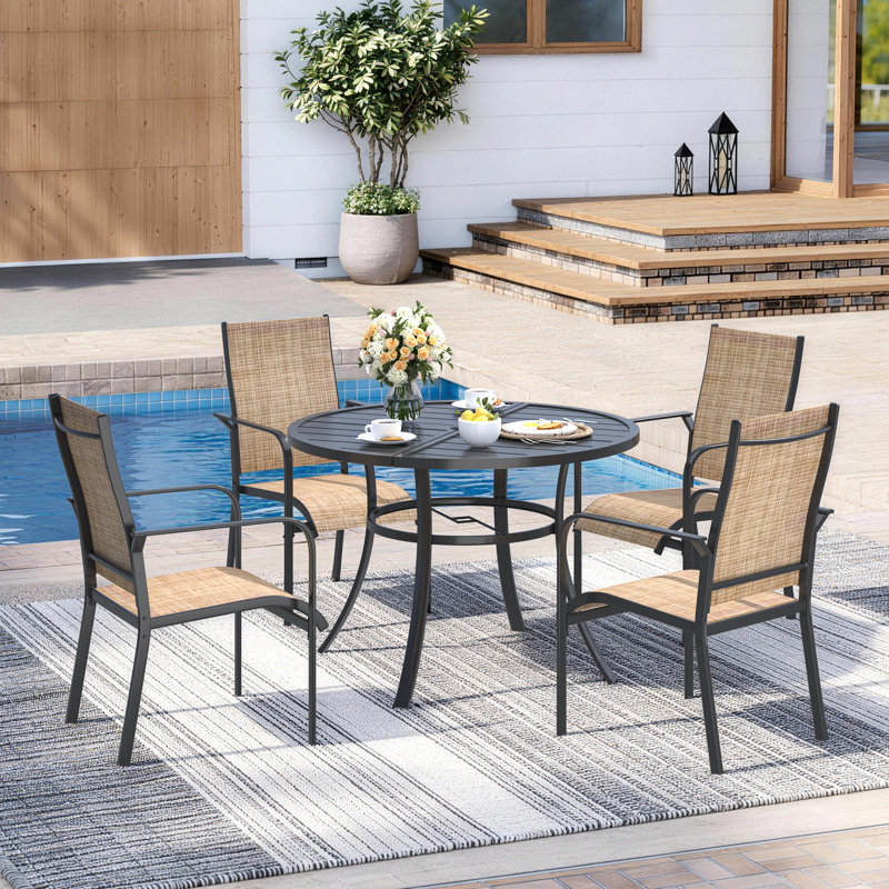 5 Piece Patio Dining Set, Outdoor Dining Table And Chairs Set For 4, 4 PVC-coated polyester Chairs, 1 Iron Round Table With Adjustable Umbrella Hole, Patio Furniture Set For Deck, Backyard, Lawn, Poolside