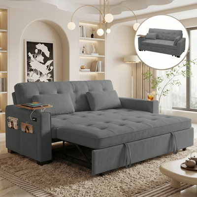 73" Convertible Sleeper Sofa Bed with Pull-Out Bed, Foldable Side Table, USB Ports & Cup Holders, Small Space Multifunction Sleeper Sectional Sofa, Modern Chenille  Upholstered Couch for Living Room, Apartment, Small Space