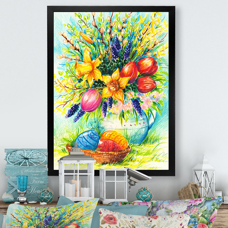 Bouquet de fleurs et œufs de Pâques - œuvre d'art traditionnelle sur toile, Cadre noir, H 20 po x l 12 po x P 1 po