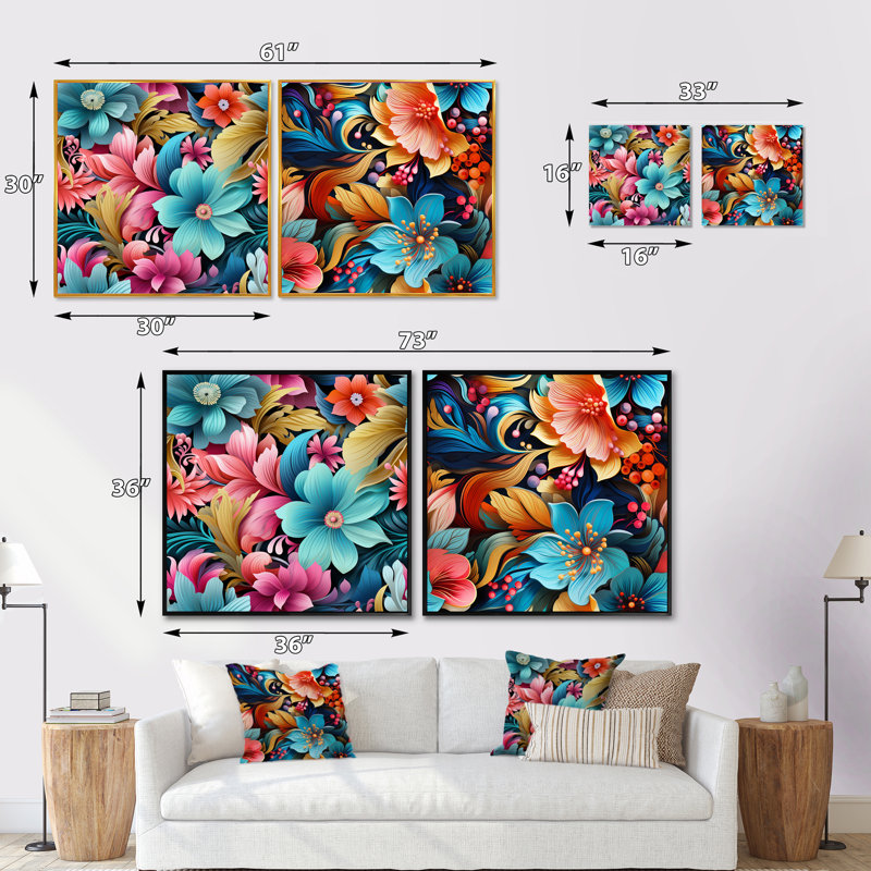 Hibiscus éclectique Fusion Frenzy - Ensemble de 2 collages floraux carrés, Cadre flottant noir, H 16 po x l 33 po