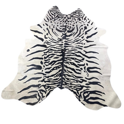 Clestine Siberian Tiger Print Cowhide Rug on Grey Background