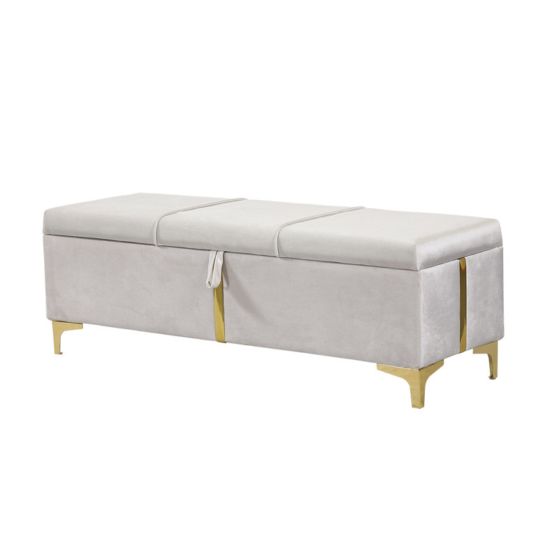 Revêtement beige avec pieds en métal, rangement pour la chambre à coucher et le salon, rembourrage haute résilience, banc élégant 47,2 X 15,6 15,8 po, décoration de chambre, sièges confortables, bande dorée