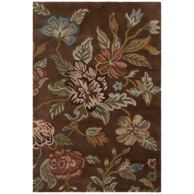 Emrick Hand Hooked Wool/Cotton/Latex Floral Rug in Brown