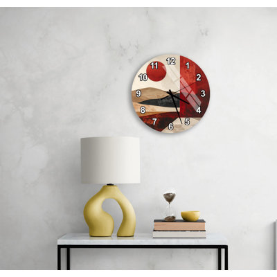 Abstract Landscape Wall Clock, Modern Boho Decor, Red Sun Mountain Art, Large Tempered Glass Timepiece, Unique Housewarming Gift for Home