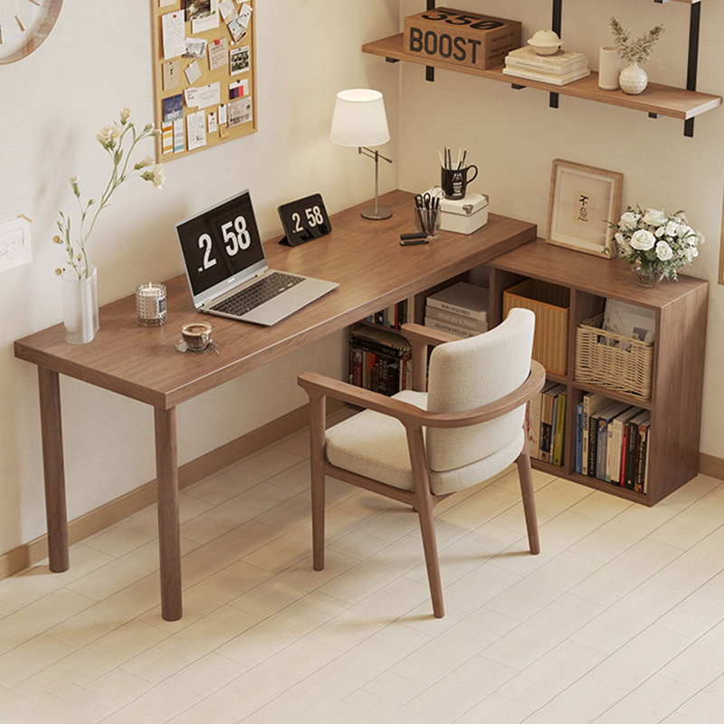 Light walnut L-Shaped Solid Wood desks, 29.53" H x 78.74" W x 23.62" D
