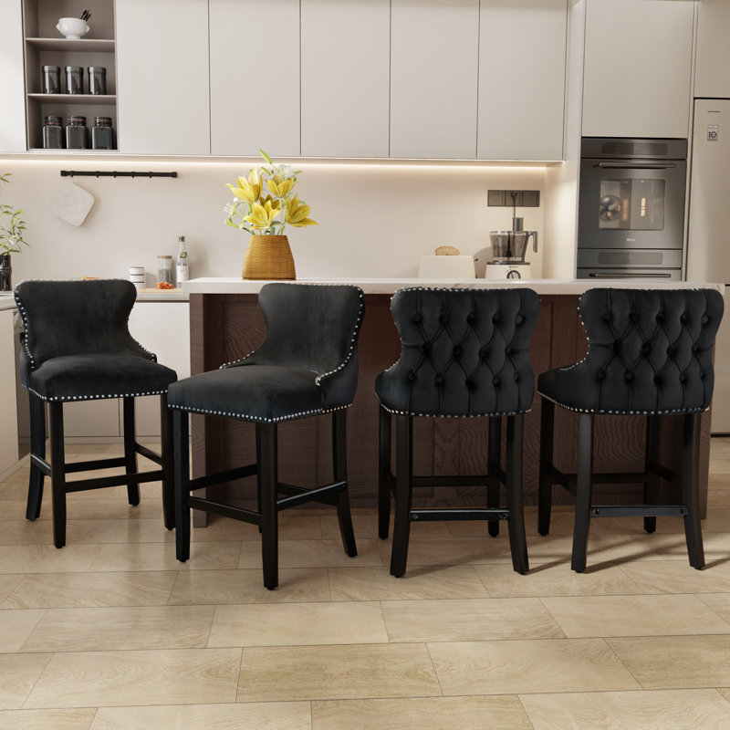  Modern Velvet Upholstered Bar Stools Counter Height Barstools Set of 4, Black