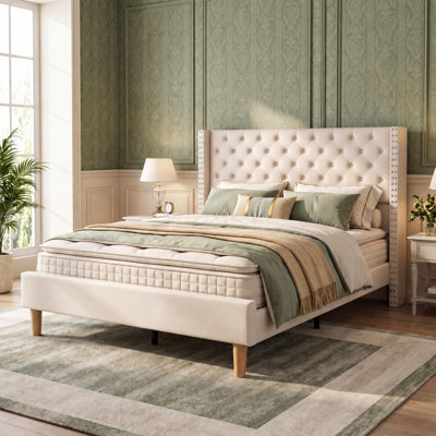 Queen Size Bed Frame with 48" Tall Velvet Upholstered Wingback Headboard, Platform Bed with Charging Station and Smart RGB LED Lights, No Box Spring Needed, Easy Assembly, Noise Free, Cream