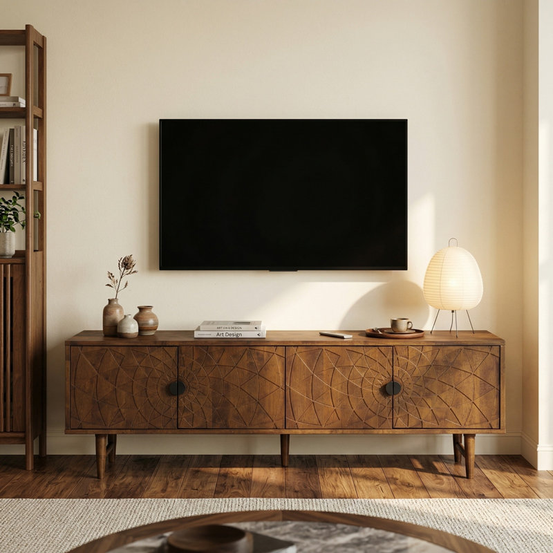 Meuble télé en bois massif de 63,5 po pour téléviseur de 75 po ou moins Bloom, console multimédia à 4 portes avec façade radiale sculptée à la main, meuble décoratif sculptural pour espace de vie, assemblage sans effort, noyer foncé