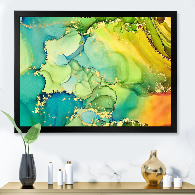 «Green and Yellow Luxury Abstract Fluid Art», peinture sur toile, H 34 po x l 44 po, Cadre de coin fermé, Noir