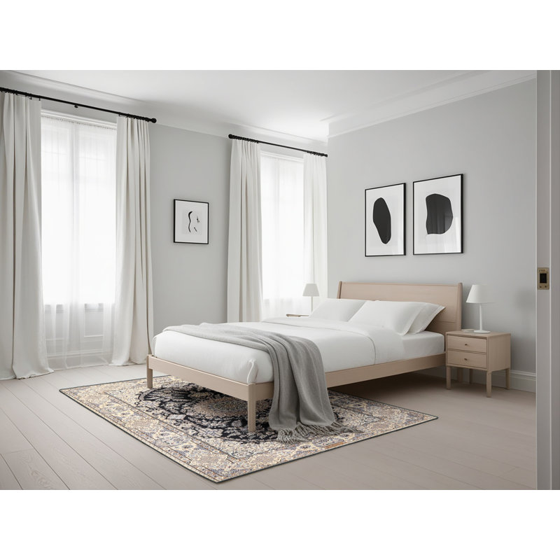 Tapis oriental beige / noir en laine / polyester tissé à la machine Reczkowski, Rectangle 5 pi x 7 pi