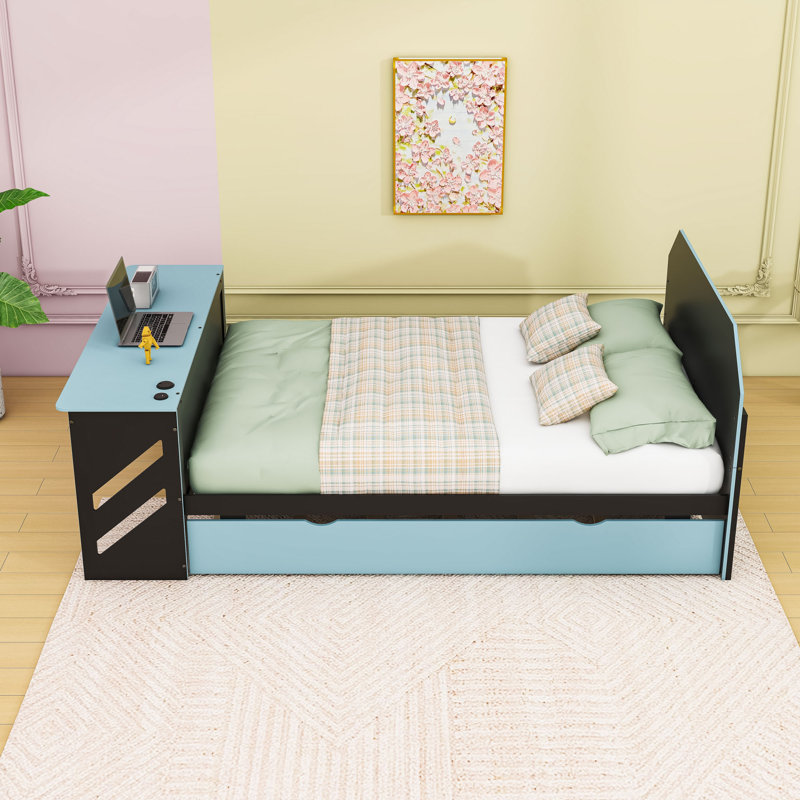 Full Daybed with Twin Trundle and Built-in Desk and USB Port, Cloud Blue