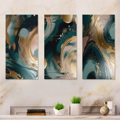 Gold And Green Abstract Marble Harmony Swirls I - Abstract Marble Canvas Wall Art Set Of 3