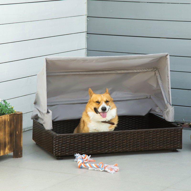 Lit pour chien en rotin, canapé pour animaux surélevé, maison pour chat en osier, utilisation intérieure / extérieure, pour patio de jardin avec auvent pliable, pour animaux de compagnie de petite ou moyenne taille