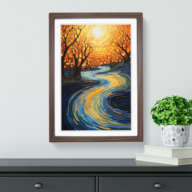 River Abstract - Single Picture Frame Print on Wood, 46cm H x 34cm W x 2cm D, Walnut