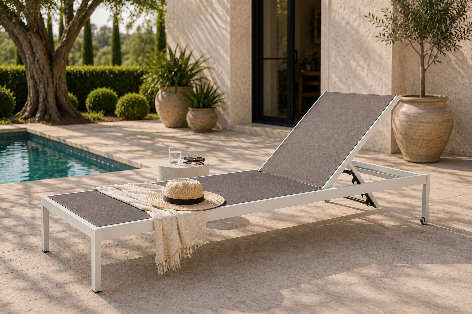 Aynura 25" Patio Chaise Lounge, White/Taupe