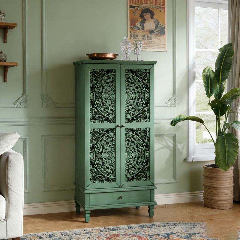 Rustic Storage Cabinet Drawer Carved Wood Accent Solid Legs, Antique Green