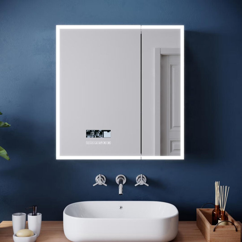 60x63cm LED Bathroom Mirror, Double Door, Acrylic Trim, Anti-Fog, Bluetooth, Shaver Socket, Polished
