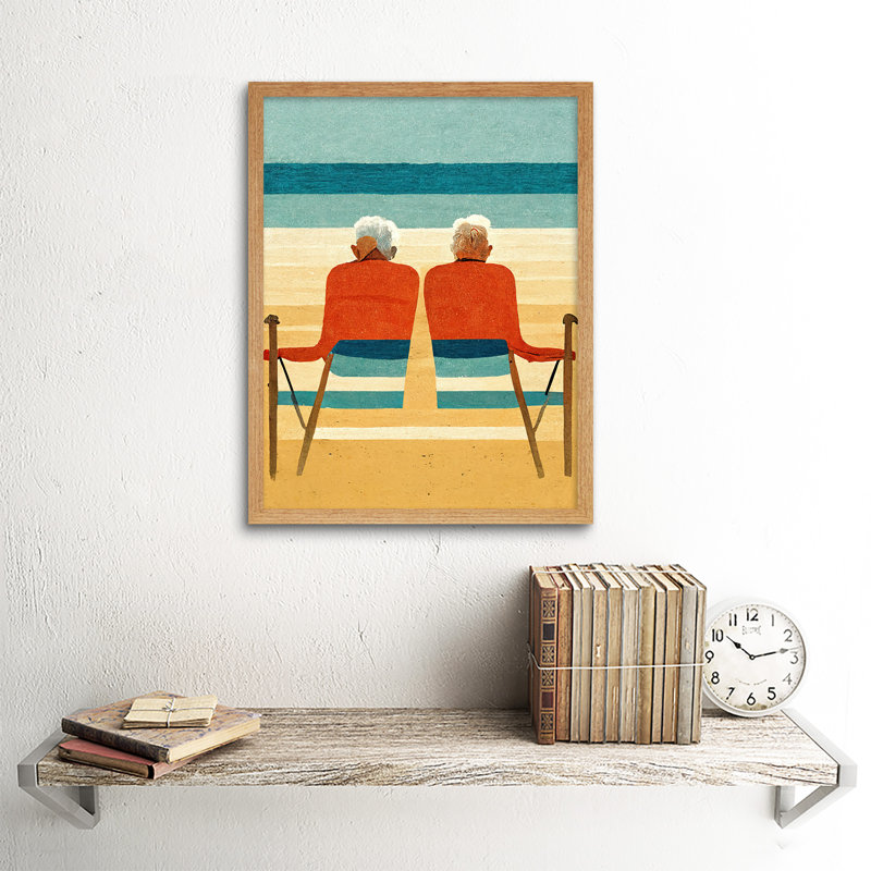 Elderly Couple Retired Beach Seaside - Print, 43cm H x 33cm W x 2cm D, Light Brown Framed Unframed