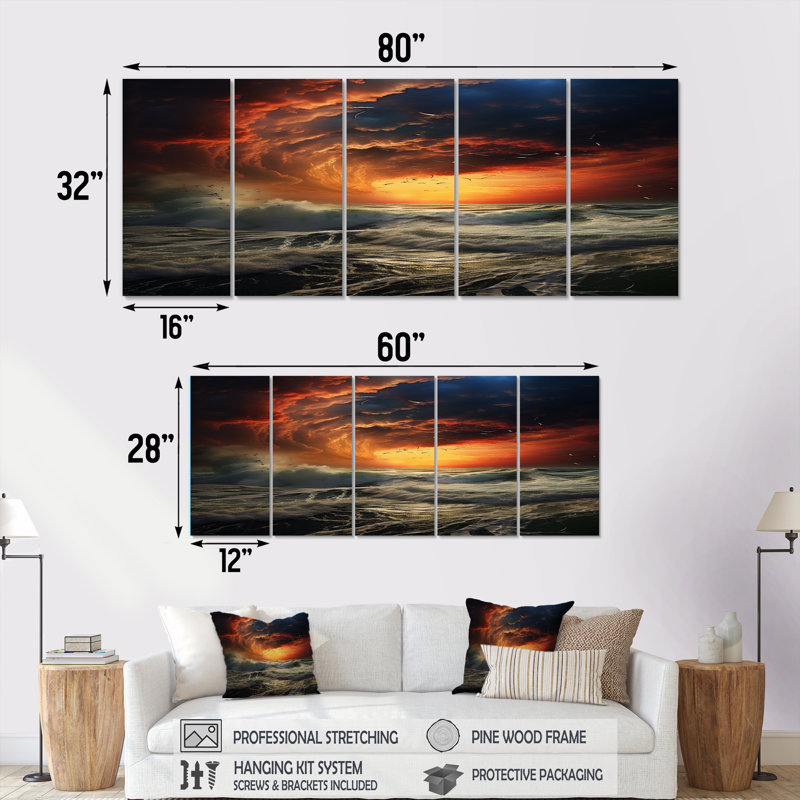 «Sadye Wild Ocean Storm Dark Clouds Sky - Beach & Ocean», ensemble d'art mural 5 pièces, H 28 po x l 60 po
