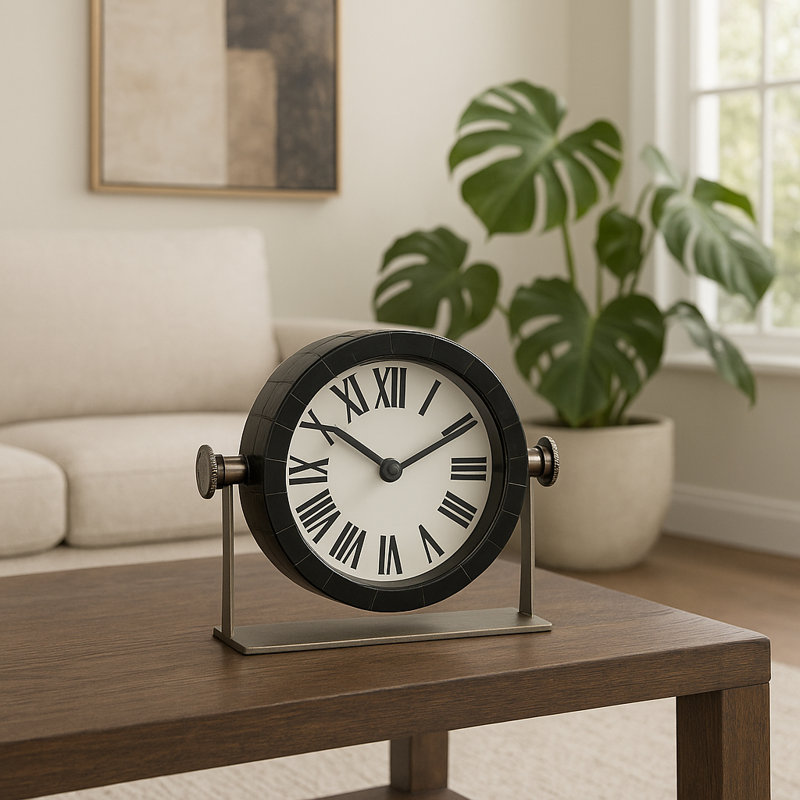 Modern Metal and Glass Clock with Resin and Steel Frame - Sleek Decorative Plastic Accent Timepiece, 6" H x 7" W x 3" D