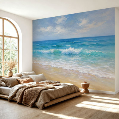 Papier peint adhésif autocollant vagues de mer turquoise, paysage de plage, ciel bleu doux, bord de mer, papier autocollant amovible, décoration murale pour salon, chambre à coucher H 69 po x l 96 po