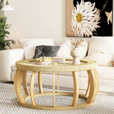 Table basse ronde de 34,82 po, pieds en bois massif, centre de table bohémien côtier et courbée polyvalente pour différents styles de pièce