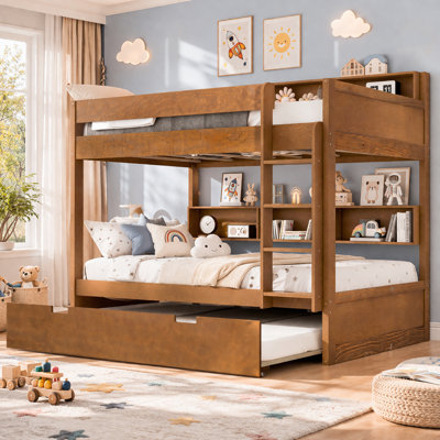 Kids Bunk Bed With Trundle, Space-Saving Storage Design, Wood, Built-In Shelves, Modern & Contemporary, Bedroom