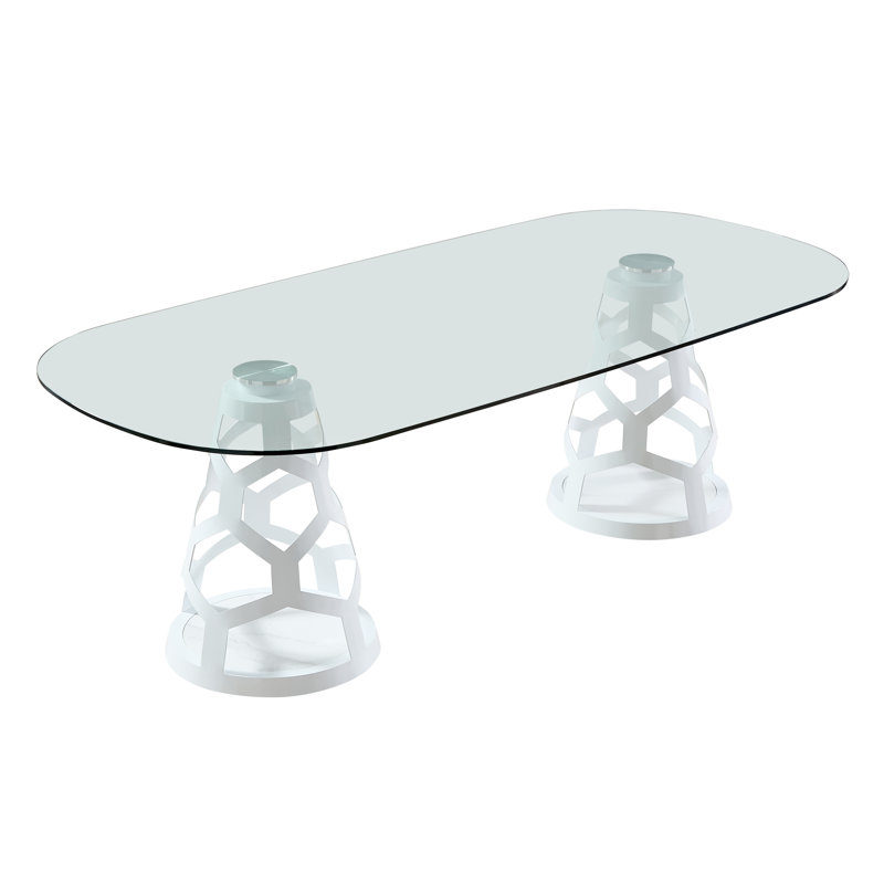 Table de salle à manger contemporaine en verre trempé ovale avec base sculpturale, peut accueillir jusqu'à 10 personnes