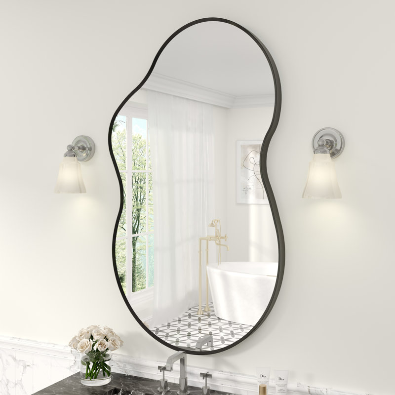 Asymmetrical Tempered Glass and metal Alloy Framed French Cleat Mounted Wall Decor Bathroom Vanity Mirror, 49" x 27"