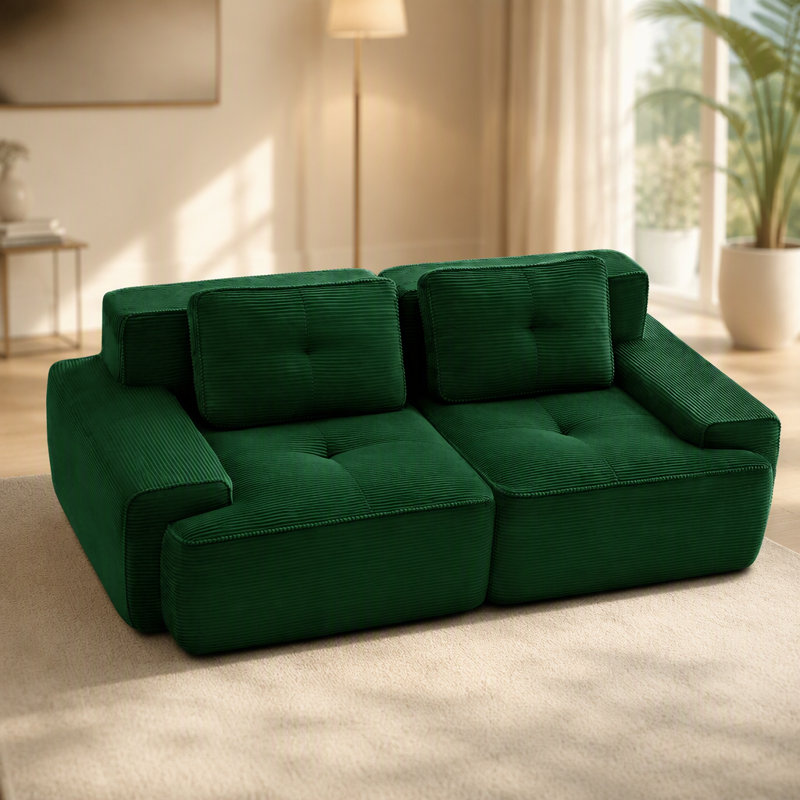 Canapé d'angle modulaire moderne en forme de L de 208 cm (82 pouces), tissu velours côtelé, assise profonde, passepoil nacré, capitonnage, livré monté, antidérapant, vert