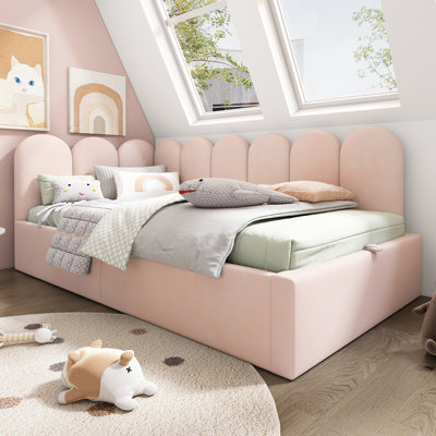 Velvet Upholstered Twin Daybed with Storage Ottoman & Metal Slatted Sofa Bed Frame, Beige (Without Mattress)