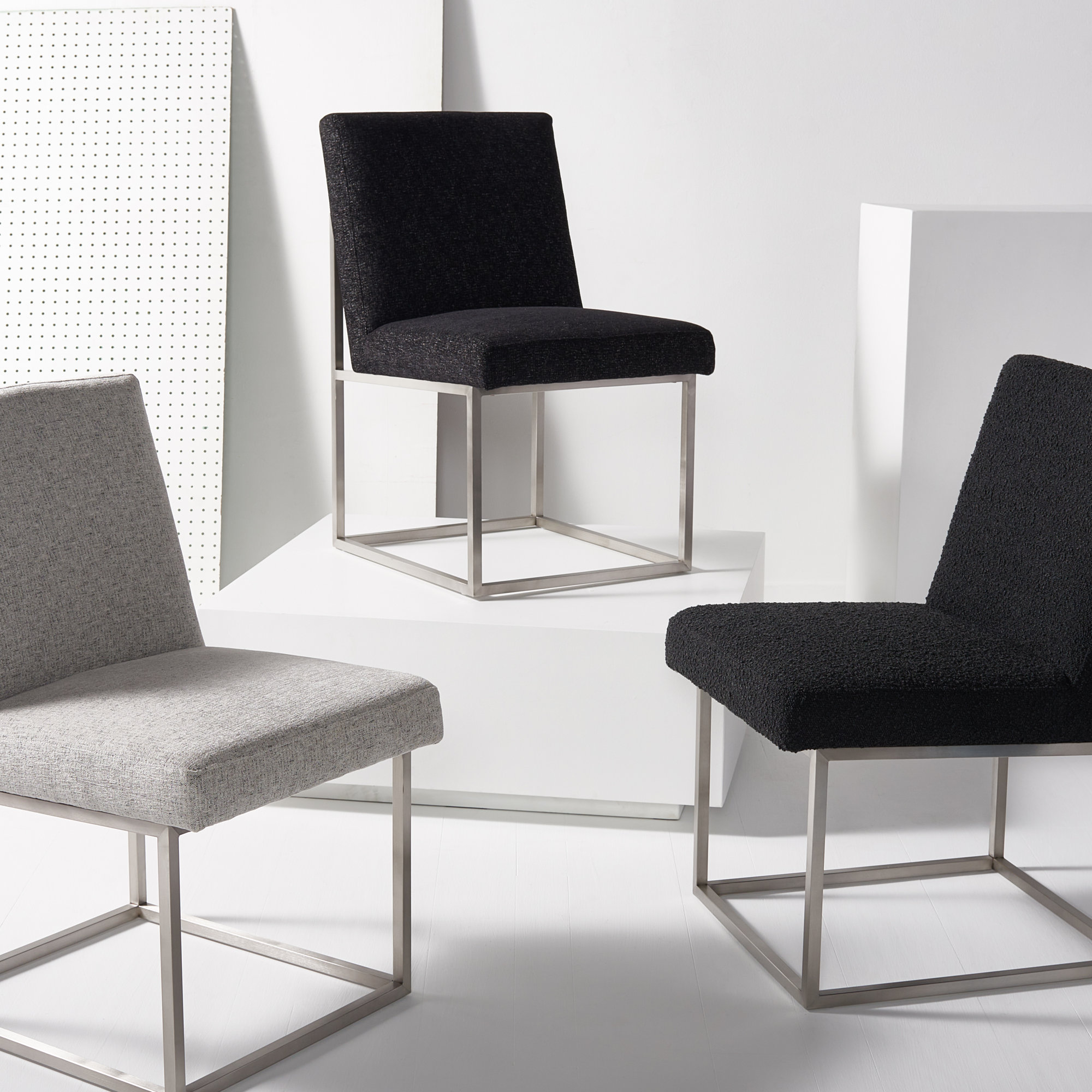 Athens Upholstered Stainless Steel Side Chair, Silver, Grey Chenille