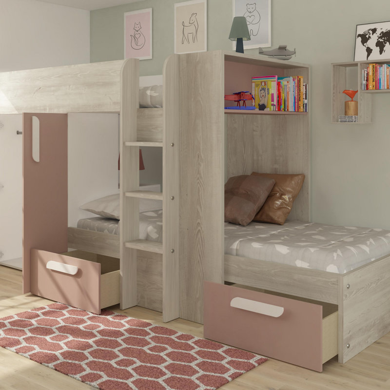 Suri European Single (90 x 200cm) 2 Drawer High Sleeper Bunk Bed with Bookcase, Grey/Pink
